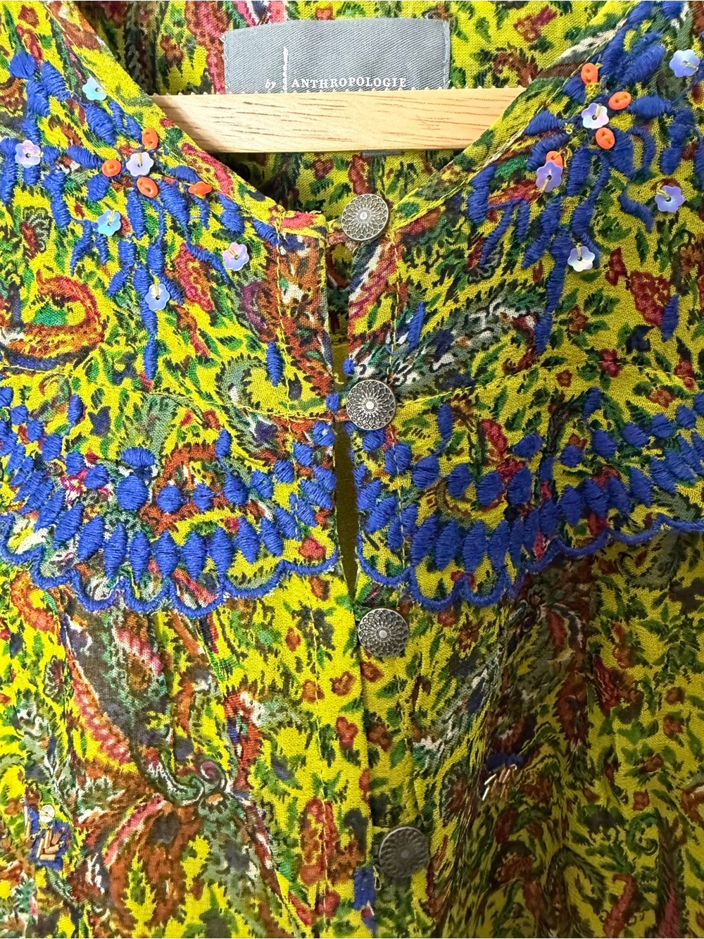 Anthropologie Beaded Priya Blouse Printed Green Size Large *388 - Picture 7 of 14